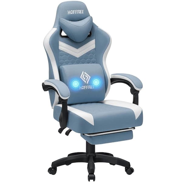 Hoffree Fabric Reclining Ergonomic Gaming Chair in Blue/White with Vibration Lumbar Pillow and Footrest