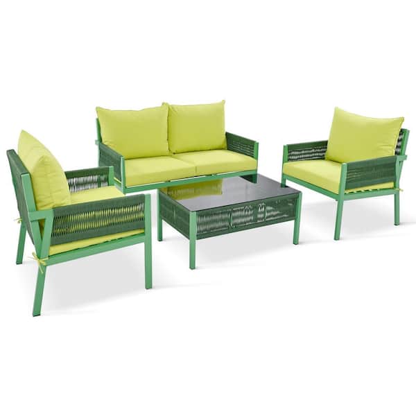 Misopily Green 4-Piece Galvanized Metal Patio Conversation Set with Tempered Glass Table and Rope Weave in Thick Yellow Cushions