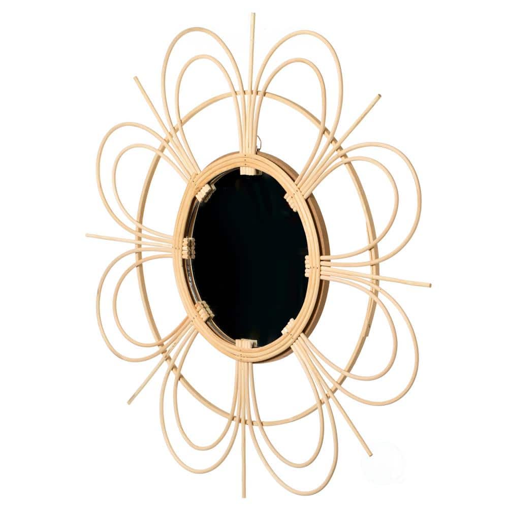 Flower Shape Woven Rattan Wood Round Sunburst Wall Mirror
