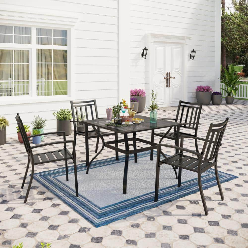PHI VILLA Black 5Piece Metal Outdoor Patio Dining Set with Square Table and Stripe Stackable