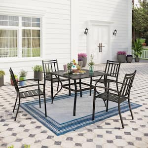 Black 5-Piece Metal Outdoor Patio Dining Set with Square Table and Stripe Stackable Chairs