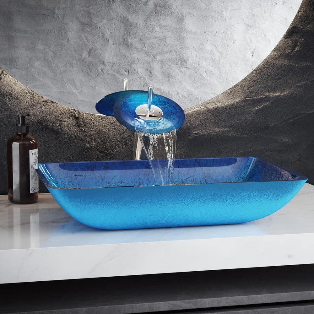 Cascade Ocean Blue Rectangular Glass Vessel Sink with Faucet