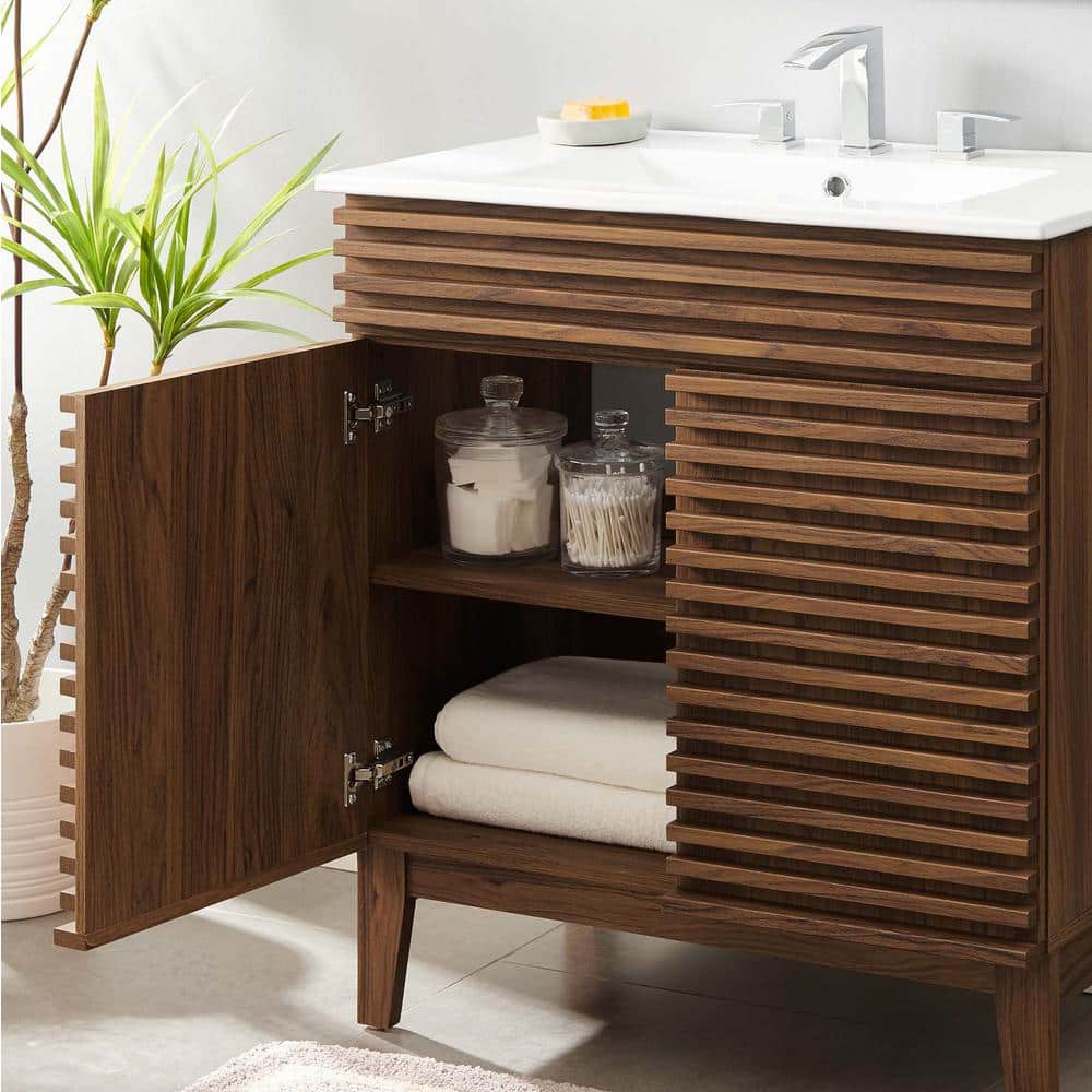 Mid-Century Modern 30" Walnut White Vanity Cabinet with Ceramic Basin