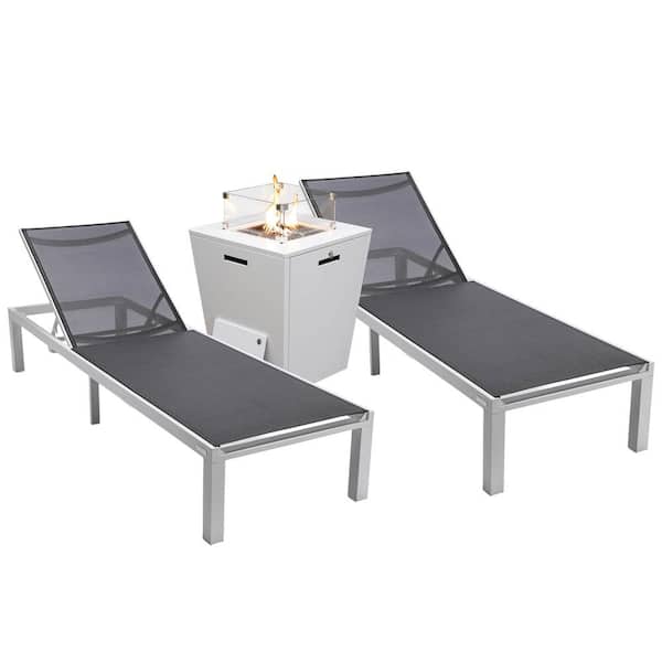 Leisuremod Marlin Modern White Aluminum Outdoor Patio Chaise Lounge Chair Set of 2 with Fire Pit Table (Black)