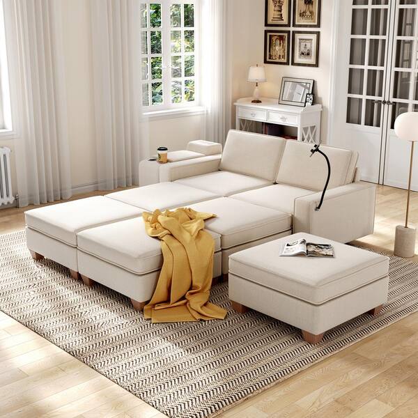 STICKON 123 in. Wide Square Arm Linen U Shaped 7-Seats Sofa in