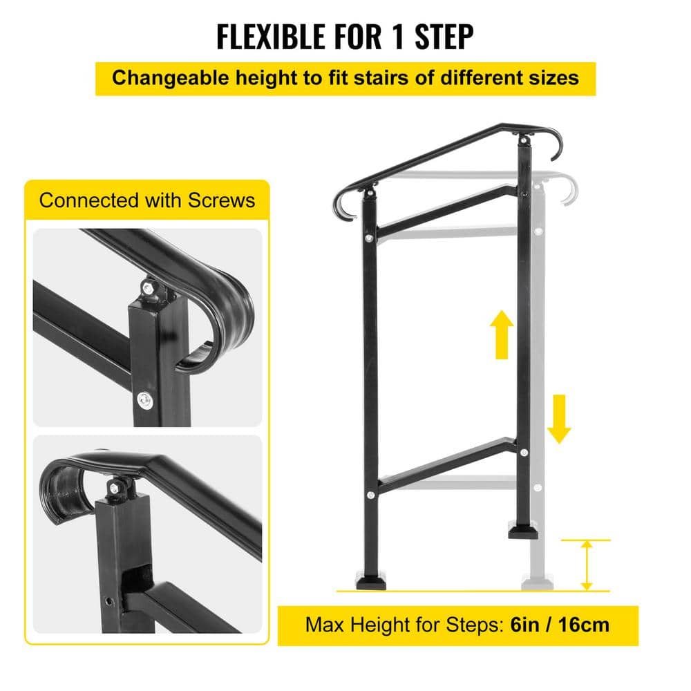 Adjustable Black Wrought Iron Handrail for 1-2 Steps