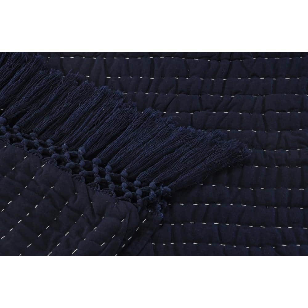 Navy and Off-White Organic Cotton Reversible Throw Blanket
