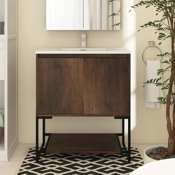 30 in. W X 19 in. D X 34 in. H Single Sink Freestanding Bath Vanity in Rose Wood With White Resin Top
