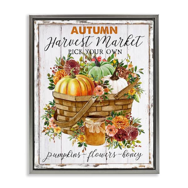 Stupell Industries Autumn Floral Market by Creatif Belle Gray Floater Frame Graphic Typography Art Print 31 in. x 25 in.