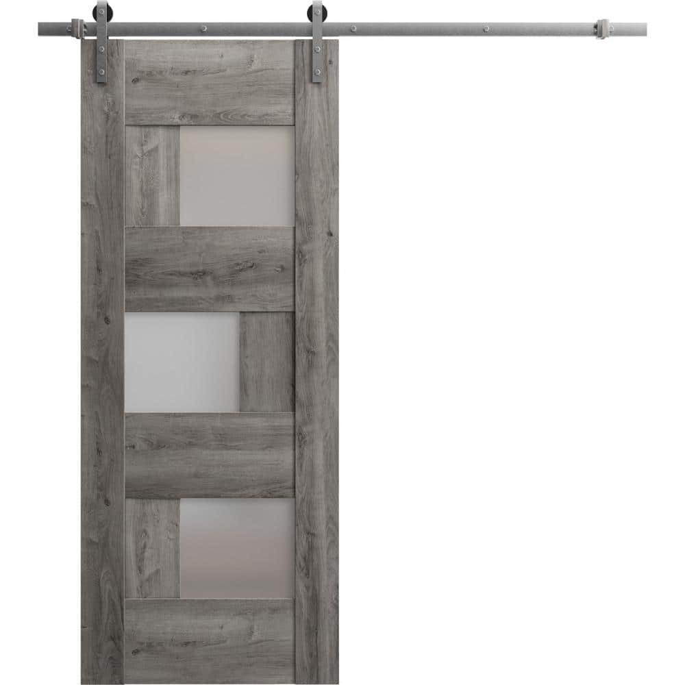Assembly Required 28 in. x 84 in. 1-Panel Frosted Glass Nebraska Grey Wood Sliding Barn Door with Hardware Kit price history on PriceWatchPro