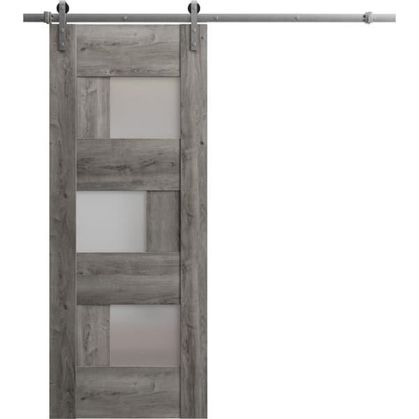 VDOMDOORS 32 in. x 84 in. 1 Panel Frosted Glass Nebraska Grey Solid MDF Sliding Barn Door with Hardware Kit