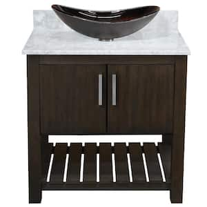 Ocean Breeze 31 in. x 22 in. W x 31 in. H 1-Black/Silver Sink BN Bath Vanity in Cafe Mocha with Carrara White Marble Top