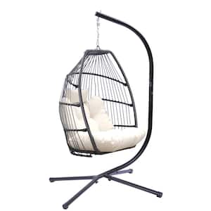 1-Person Metal Porch Swing Chair with Beige Cushion and Pillow