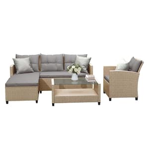Outdoor, Patio Furniture Sets, 4 Piece Conversation Set Wicker Ratten Sectional Sofa with Cushions Gray