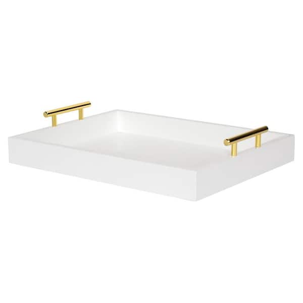 Afoxsos Lipton Decorative Tray with Polished Metal Handles, White and Gold