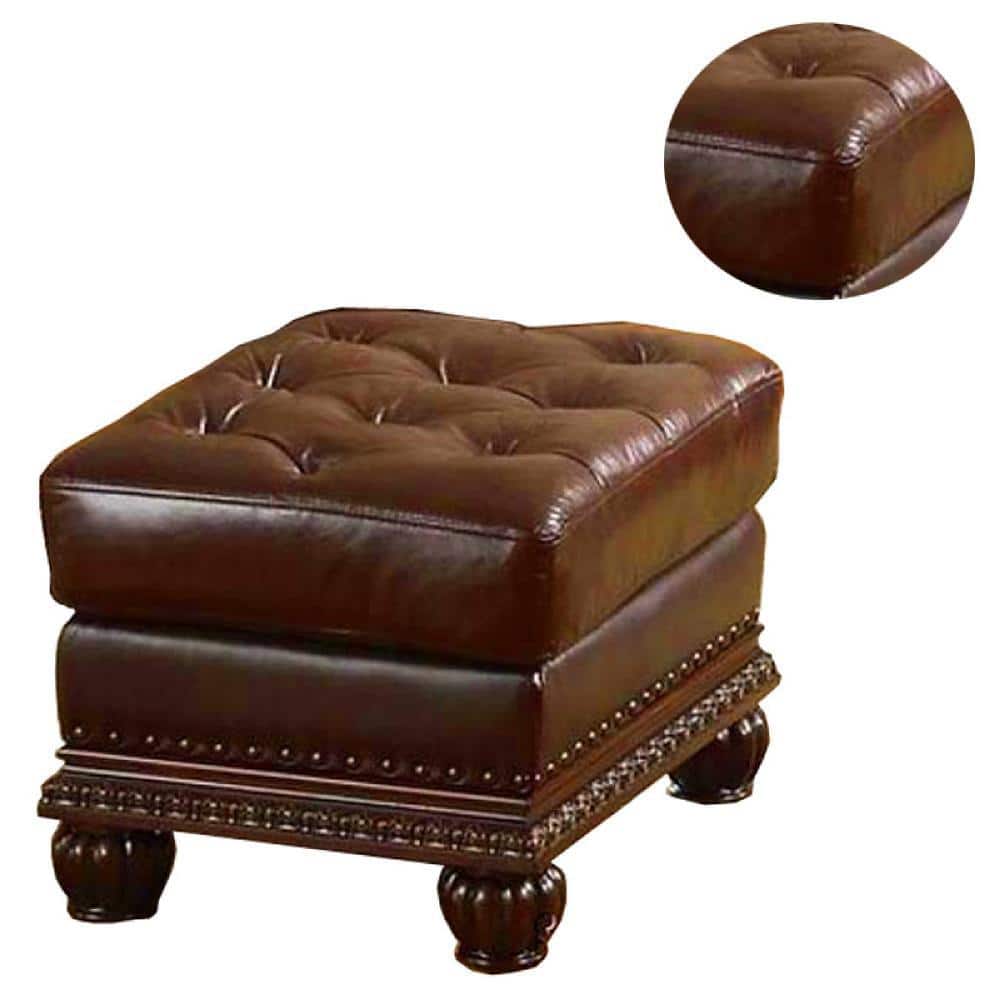 Espresso Brown Faux Leather Tufted Ottoman with Nail Head Trim