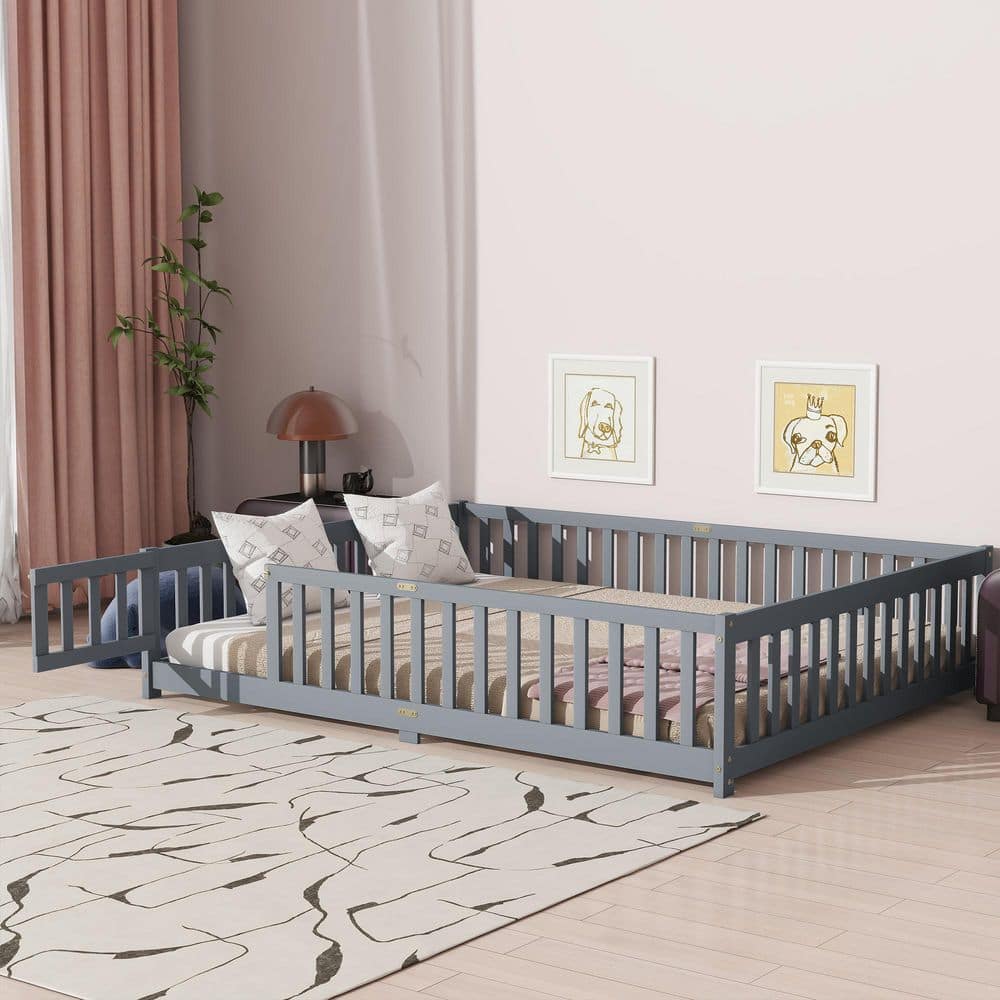 Gray Wood Frame Queen Size Platform Bed with Safety Guardrails and Door price history on PriceWatchPro