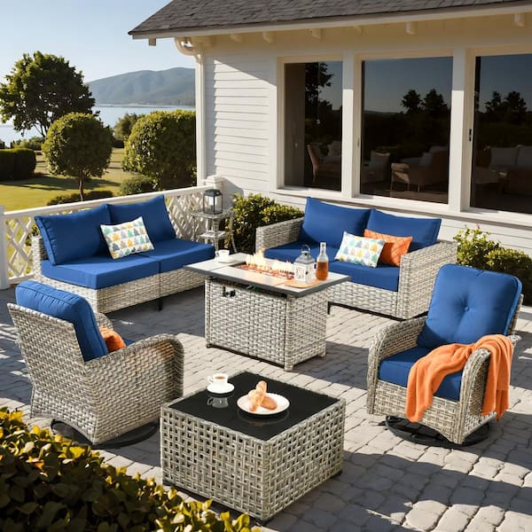 weaxty W Gerbera Gray 9-Piece Wicker Patio Fire Pit Conversation Sofa Set with Swivel Rocking Chairs and Navy Blue Cushions