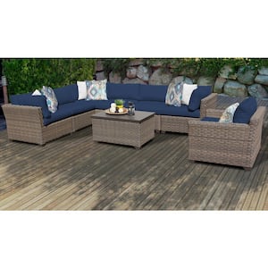 Monterey 8-Piece Wicker Patio Conversation Sectional Seating Group with Navy Blue Cushions