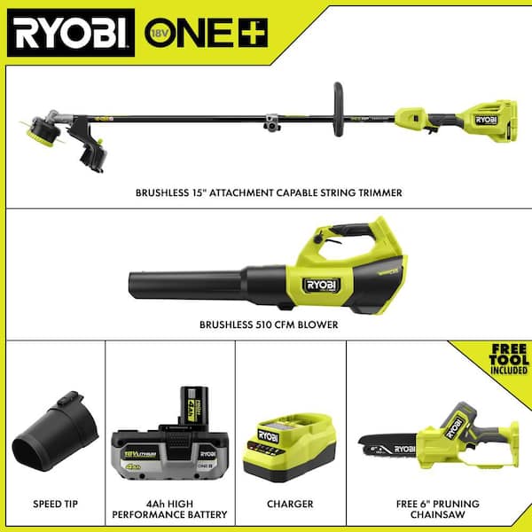 ONE+ HP 18V Brushless Cordless Attachment Capable 15" Trimmer & Blower Combo Kit w/ Chainsaw, 4.0 Ah Battery & Charger