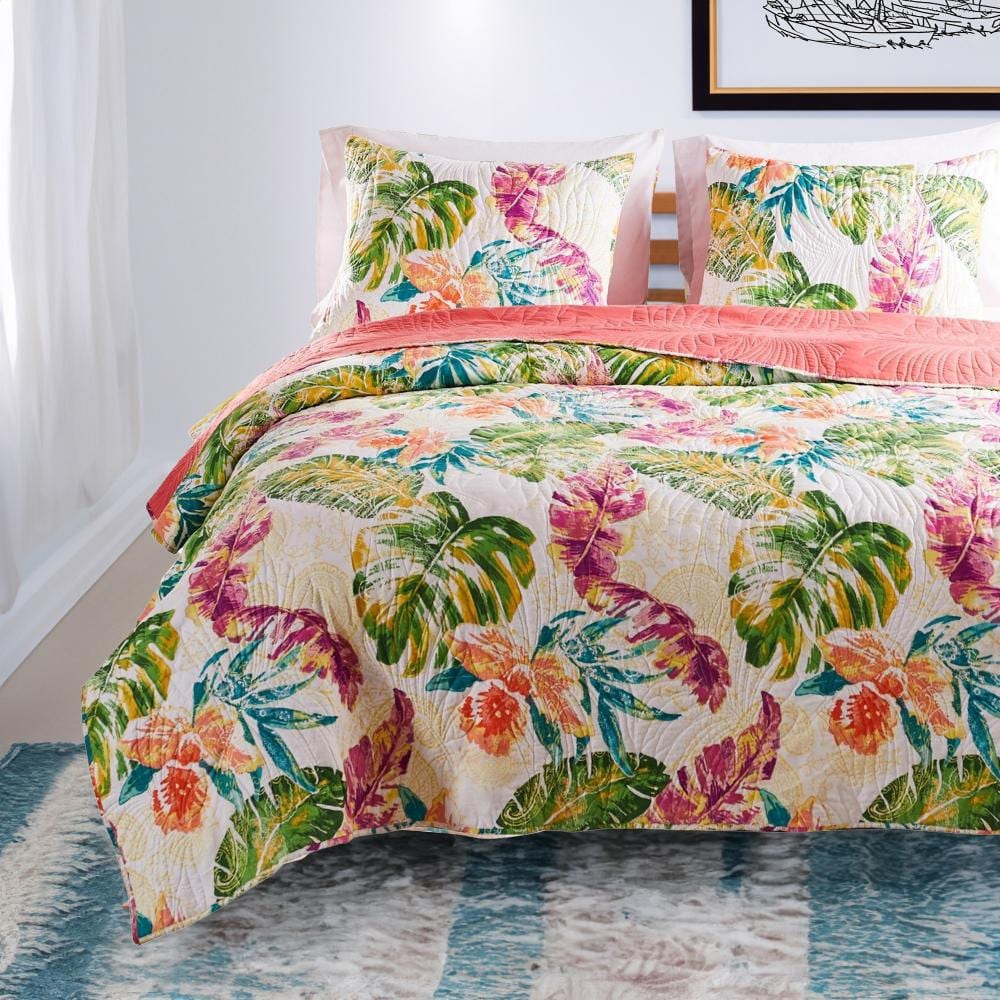 Tropical Leaf Print Reversible Twin Microfiber Quilt Set