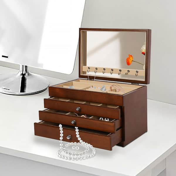 YIYIBYUS Large Black 5-Tier Wooden Jewelry Box Velvet Lining Storage  Organizer with Drawers and Mirror FSLMSGB4WDZJ8 - The Home Depot