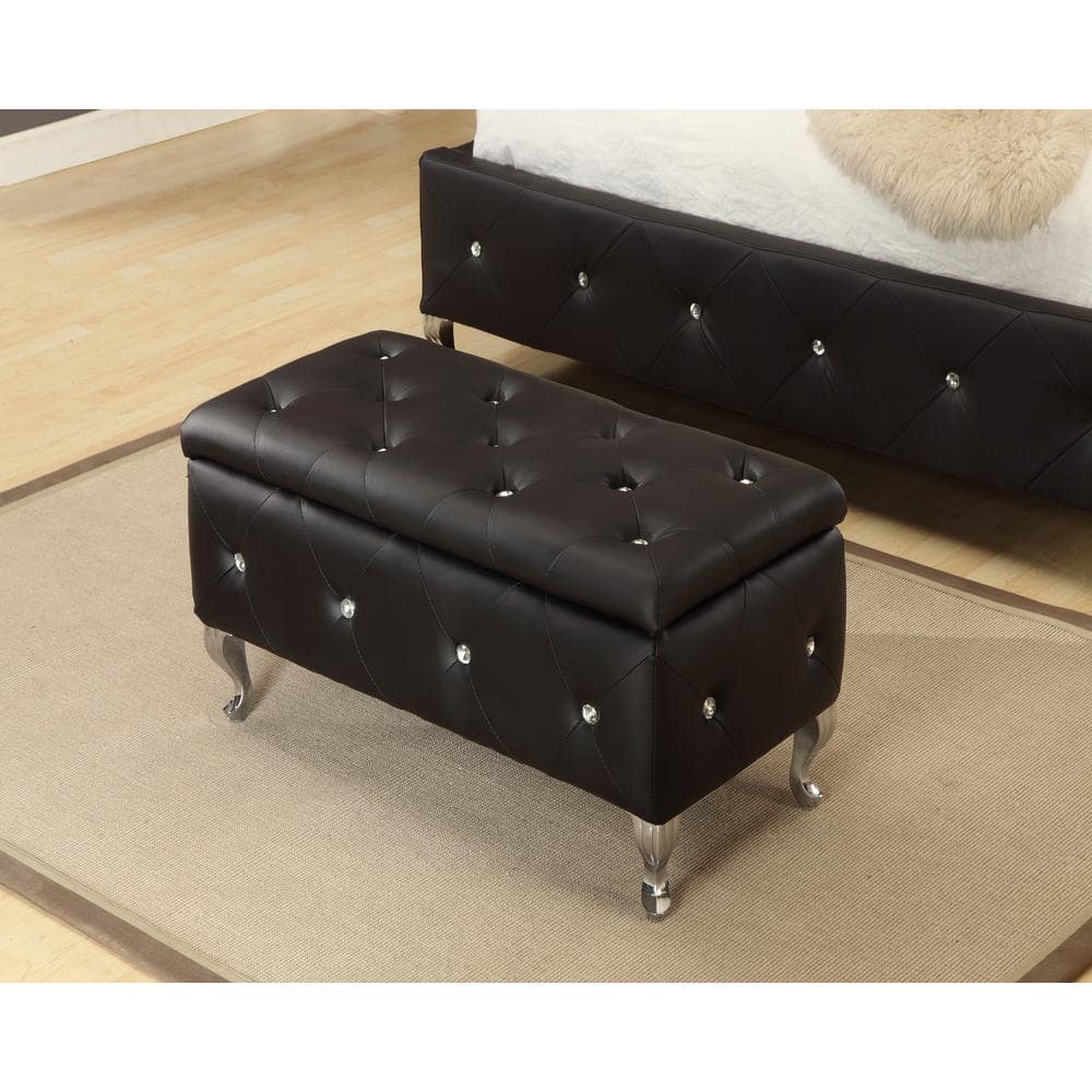 Inroom Designs Black Vinyl Upholstered, Black Leather Tufted Storage Bench Ottoman