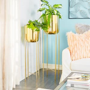 39 in., and 46 in. Extra Large Gold Metal Tall Indoor Outdoor Dome Planter with Removable Stand (2- Pack)