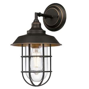 Iron Hill 1-Light Black-Bronze Finish with Highlights Outdoor Wall Mount Lantern and Clear Glass