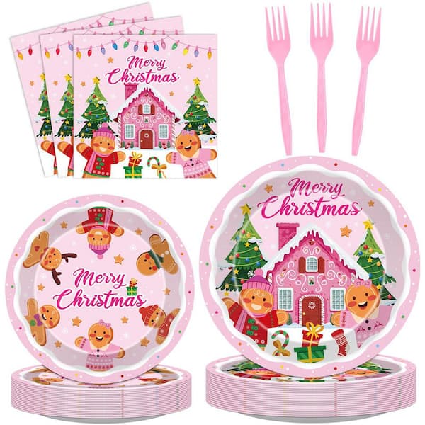 96-Piece Gingerbread Christmas Party Tableware Set in Pink, Disposable Paper Plates, Napkins, Forks, Serves 24 Guests