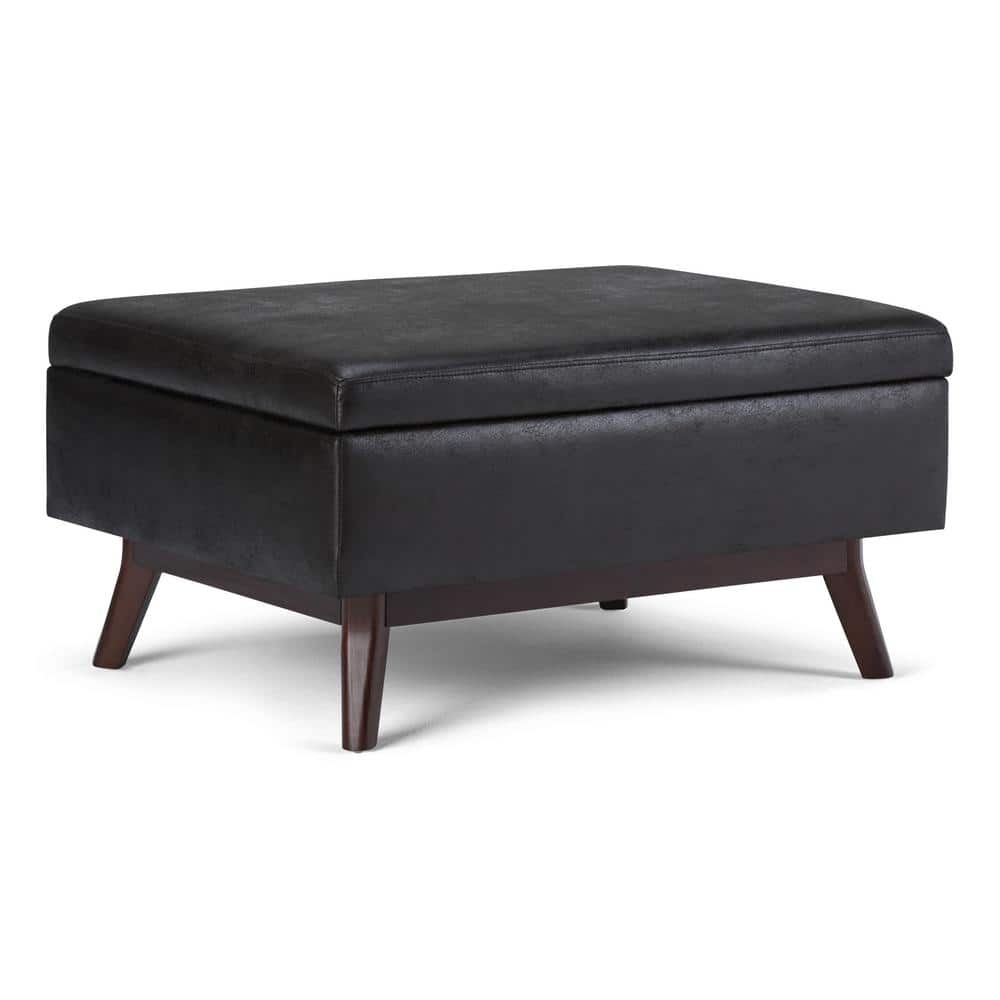 Mid-Century Modern Distressed Black Wood Rectangular Storage Ottoman