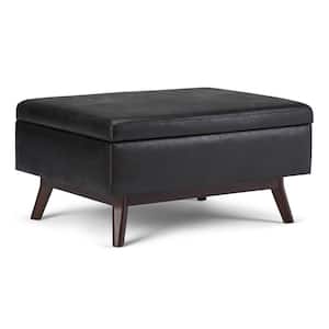 Owen 34 in. Wide Mid Century Modern Rectangle Coffee Table Storage Ottoman in Distressed Black Vegan Faux Leather