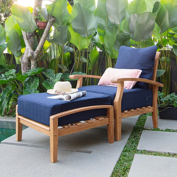 Caterina 2-Piece Teak Outdoor Lounge Chair Navy Cushion with Ottoman