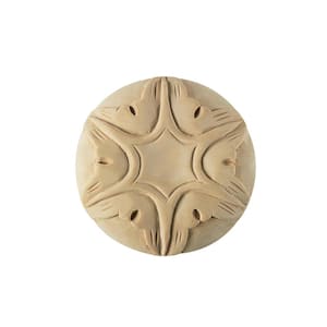 Round Rosette Applique - Medium, 3 in. x 3 in. - Hand Carved Unfinished Cherry Wood - DIY Elegant Home Design Accent