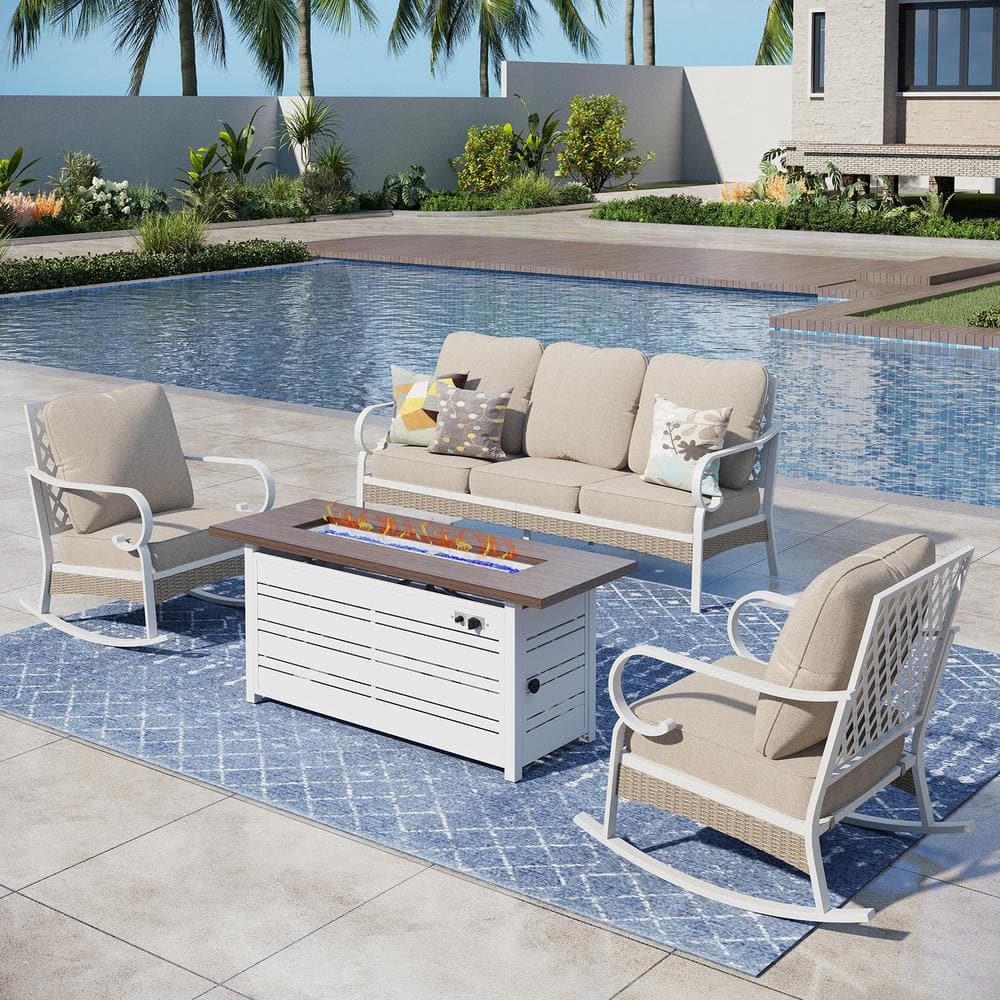 White 4-Piece Metal Outdoor Patio Conversation Set with Rocking Chairs, 50000 BTU Fire Pit Table and Beige Cushions -  PHI VILLA, THD5-C202BE-104