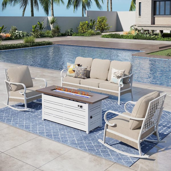 PHI VILLA White 4-Piece Metal Outdoor Patio Conversation Set with Rocking Chairs, 50000 BTU Fire Pit Table and Beige Cushions