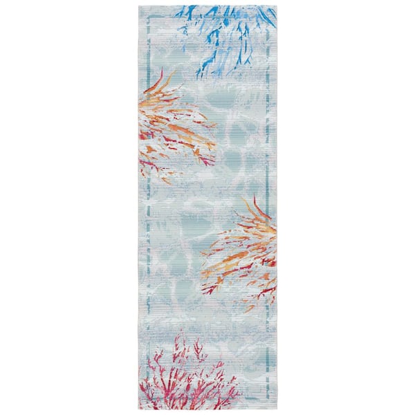 Barbados Teal/White 3 ft. x 10 ft. Runner Border Nautical Indoor/Outdoor Area Rug