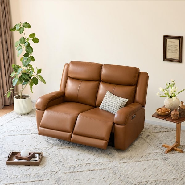 Axel 62.2 Dual Motors Wall Hugger Genuine Leather 2-Seater Loveseat Recliner in Saddle with Power Headrest Charging Port