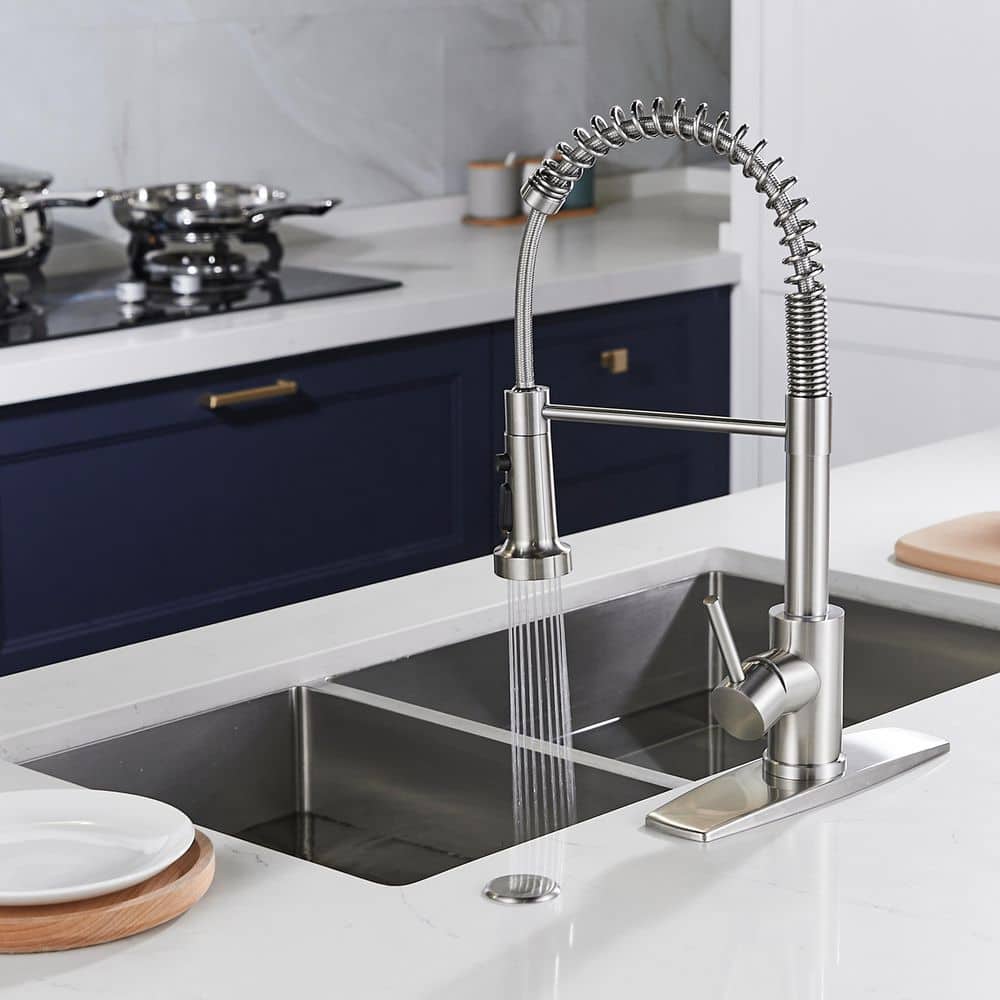 Brushed Nickel Single Handle Spring Kitchen Faucet with Pull Down Sprayer