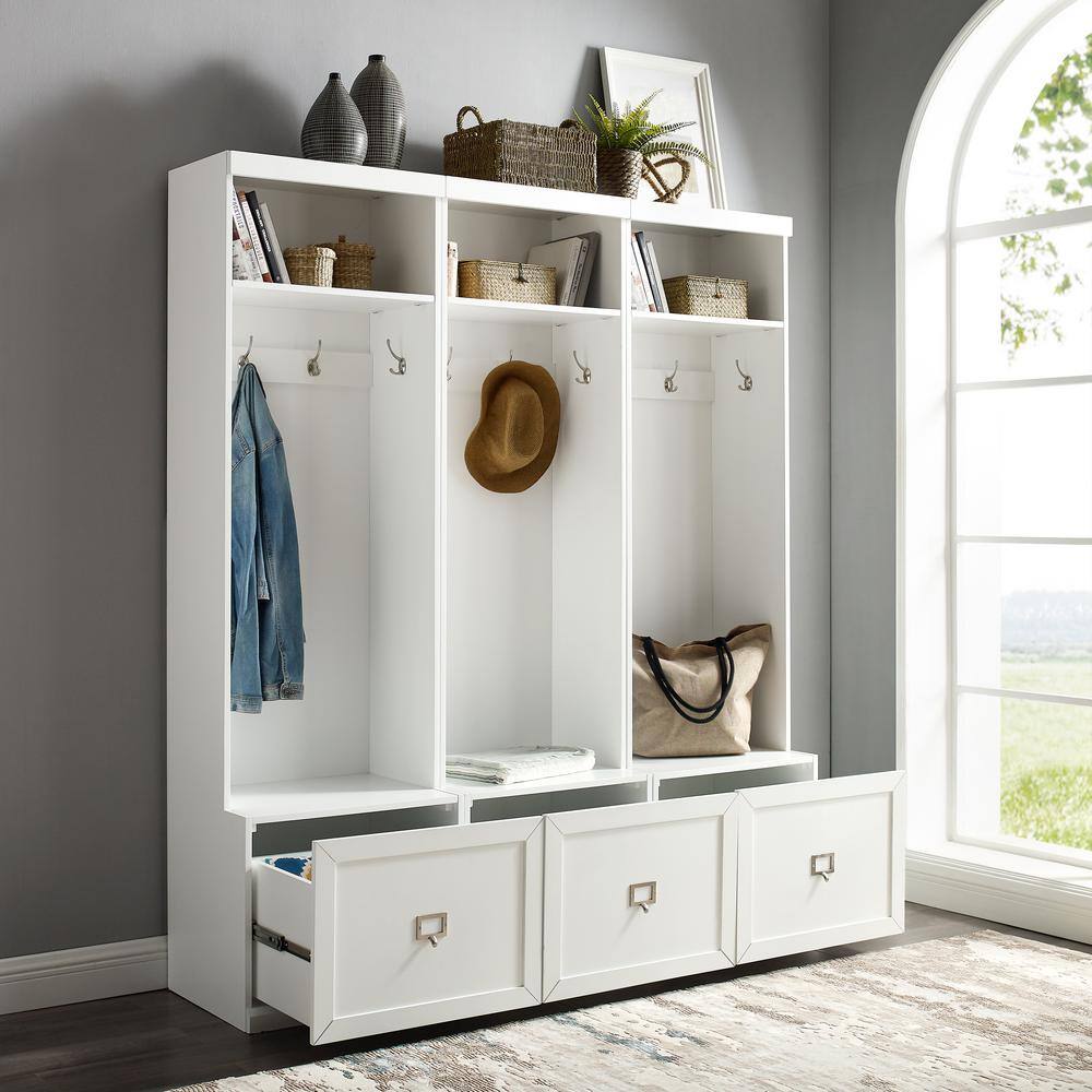 White Hall Tree with Storage Drawers and Hooks