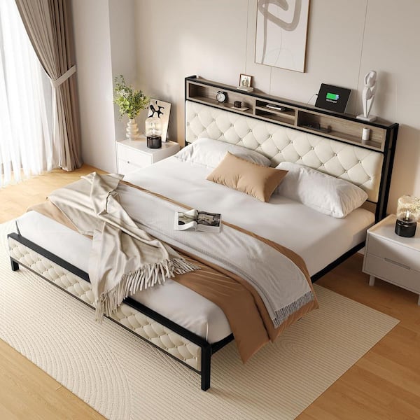 Beige Iron Frame King Size Upholstered Platform Bed with Charging Station, Storage Headboard & Footboard