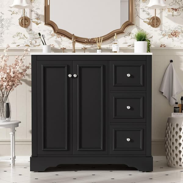 36 in. Freestanding Black Bath Vanity with White Ceramic Top, 3 Drawer and Door Bathroom Storage Cabinet Unassembled