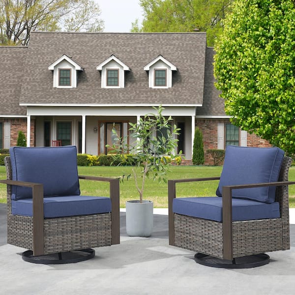 Gray Swivel Glider Wicker Outdoor Rocking Chair with Blue Cushions and Square Metal Armrest (2-Pack)