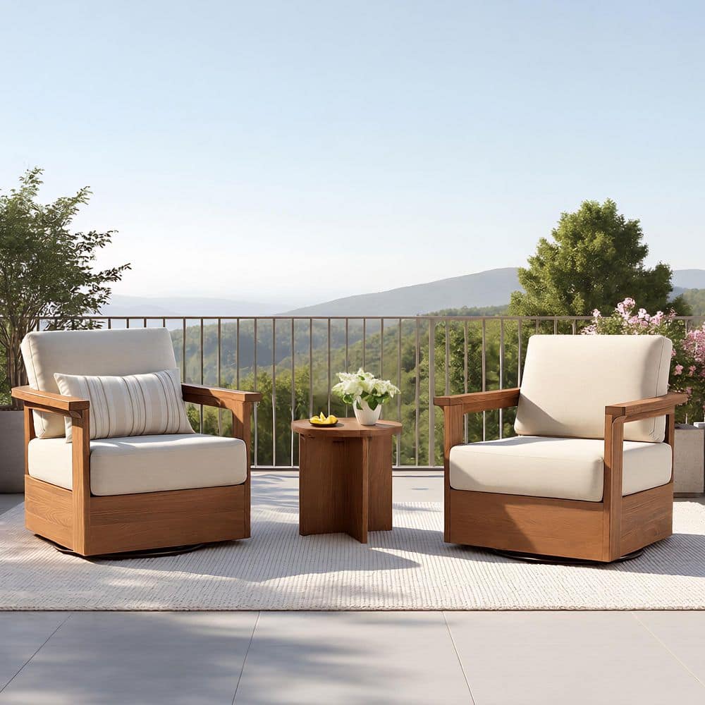 Helix 3-Piece Olefin Dark Brown Acacia Wood Patio Conversation Set with Cream 7.9“ Cushions,2 Swivel Chair,1 Side Table price history on PriceWatchPro