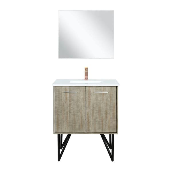 Lancy 30 in W x 20 in D Rustic Acacia Bath Vanity, White Quartz Top, Rose Gold Faucet Set and 28 in Mirror