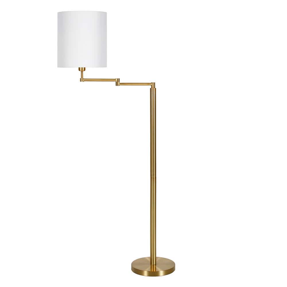 Antique Brass Adjustable Floor Lamp with White Linen Shade