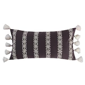 Blooming Floral Charcoal, Cream Flower Petal Embroidered with Side Edge Tassels 18 in. x 18 in. Throw Pillow