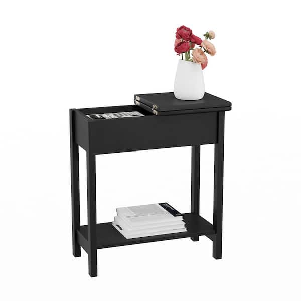 Matte Black Wooden Flip-Top Slim Slide End Table