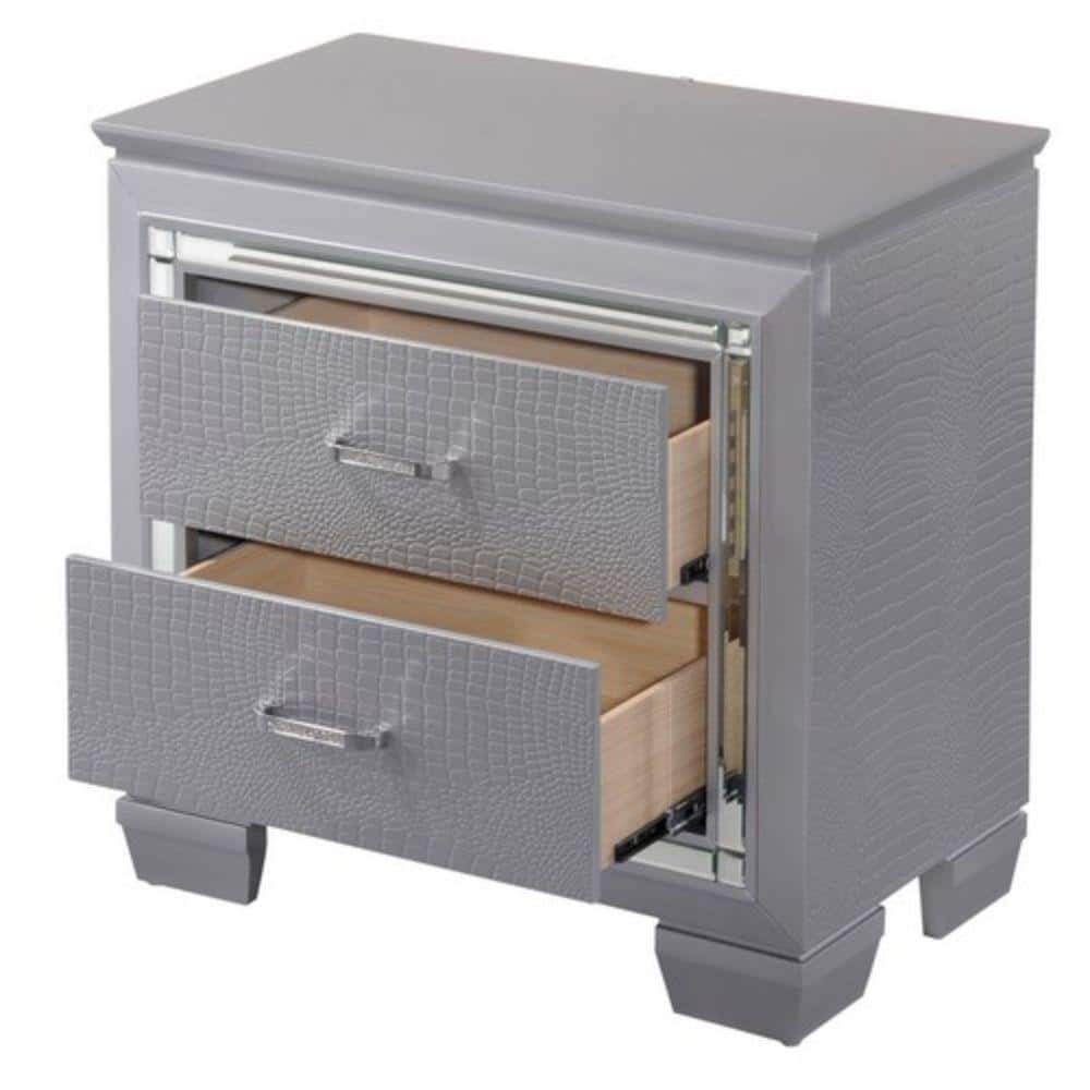 Lillian Textured Gray 2-Drawer Nightstand with Mirror Accents