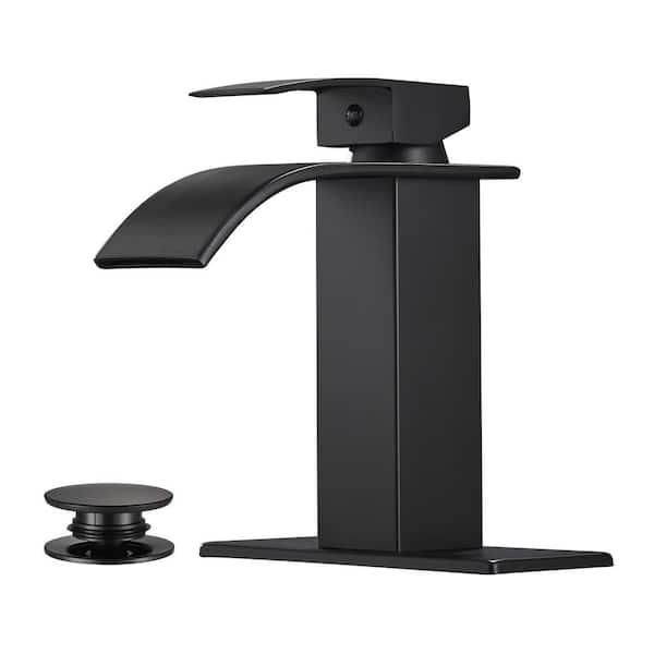 Waterfall Single Handle Single Hole Bathroom Faucet With Deckplate and Pop-Up Drain Assembly in Black